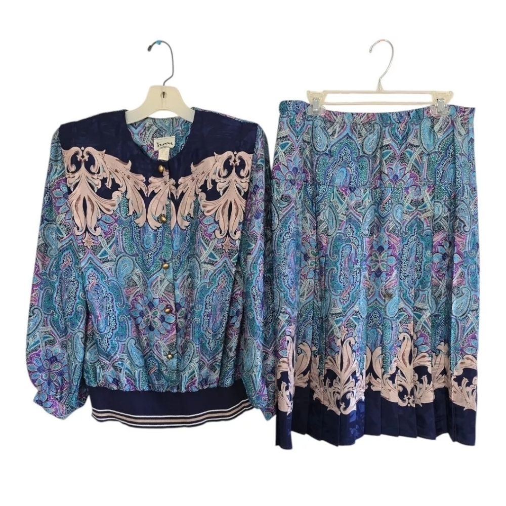 VTG Evanna 2Piece Skirt Suit 14 Paisely Blue Pink Long Sleeve  Button Up Career